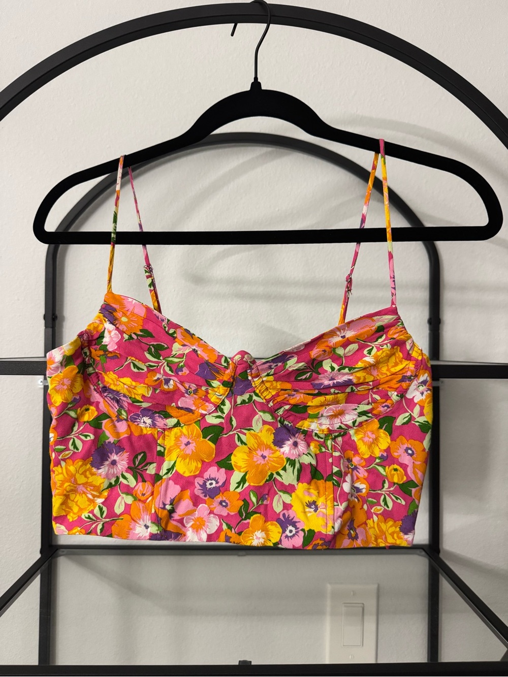 Zara Pink Floral Twist-Front Crop Cami with Yellow & Orange Blooms